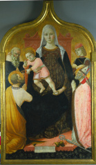 Virgin and Child  with Saints Anthony Abbott  Mark  Severino  and Sebastian (1490-1496) by Lorenzo da Sanseverino - Public Domain Catholic Painting